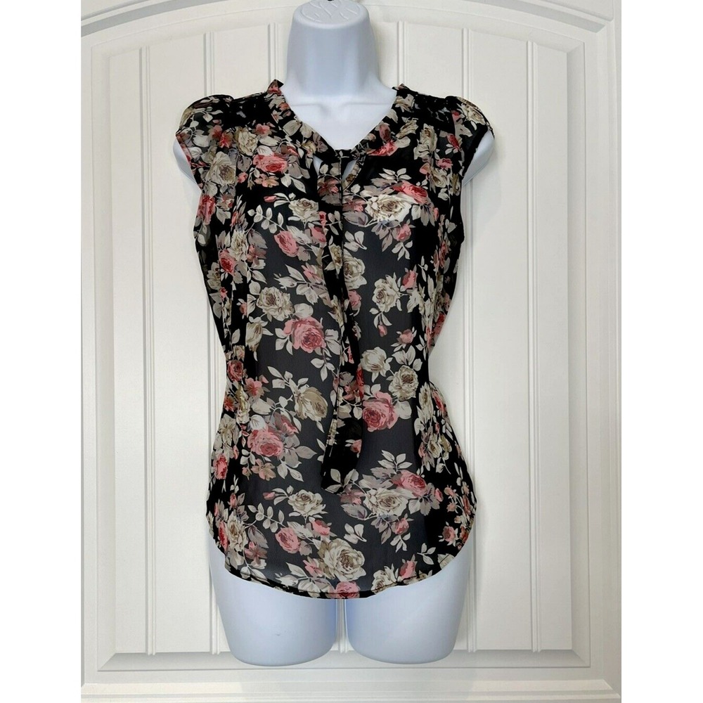 Marisol Women's S Floral Short Sleeve Lightweight Necktie Sheer/ Lace Blouse Top